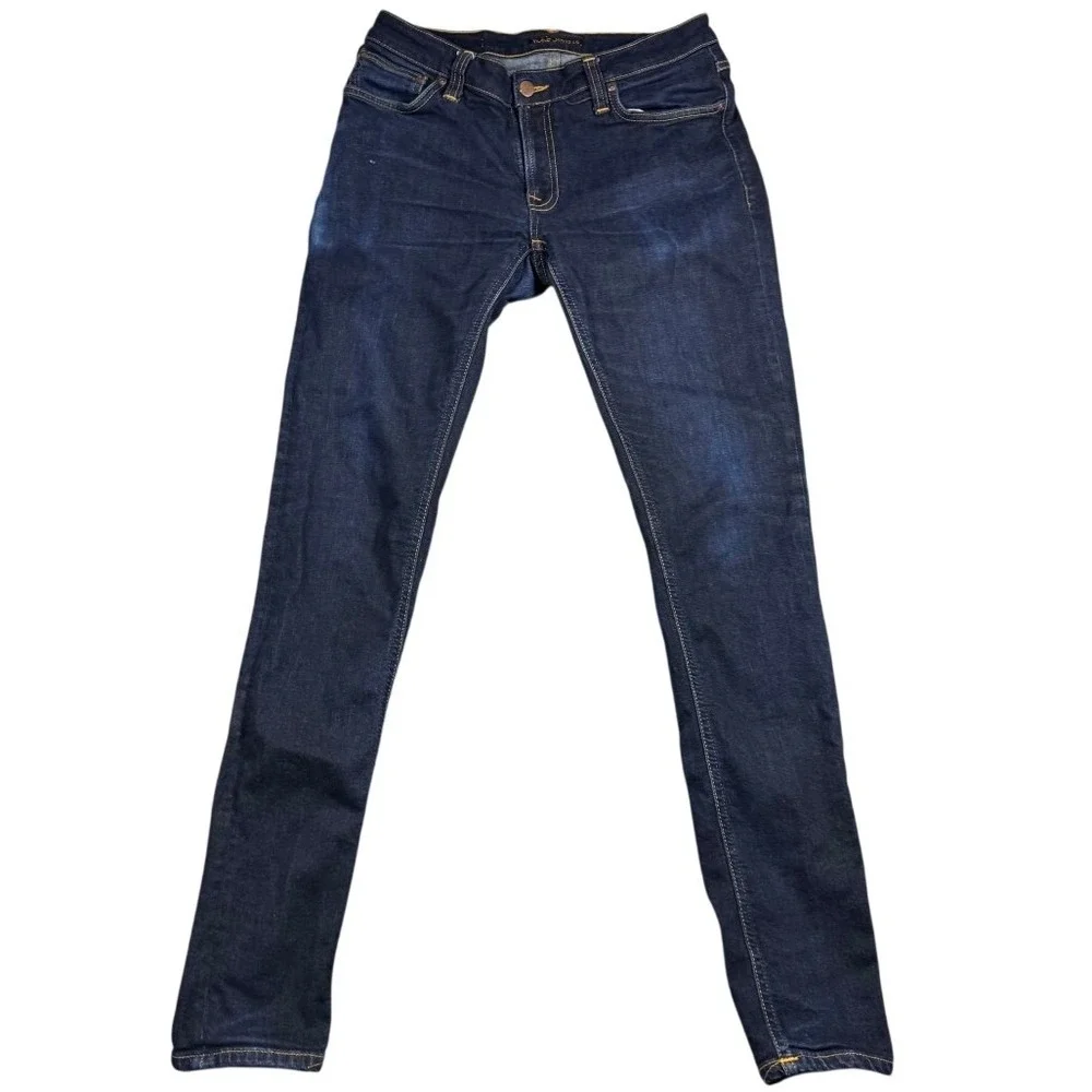 Nudie Jeans Skinny Lin Dry Deep Orange Mens 32x34 Dark Indigo Demin (Fits 29x31)